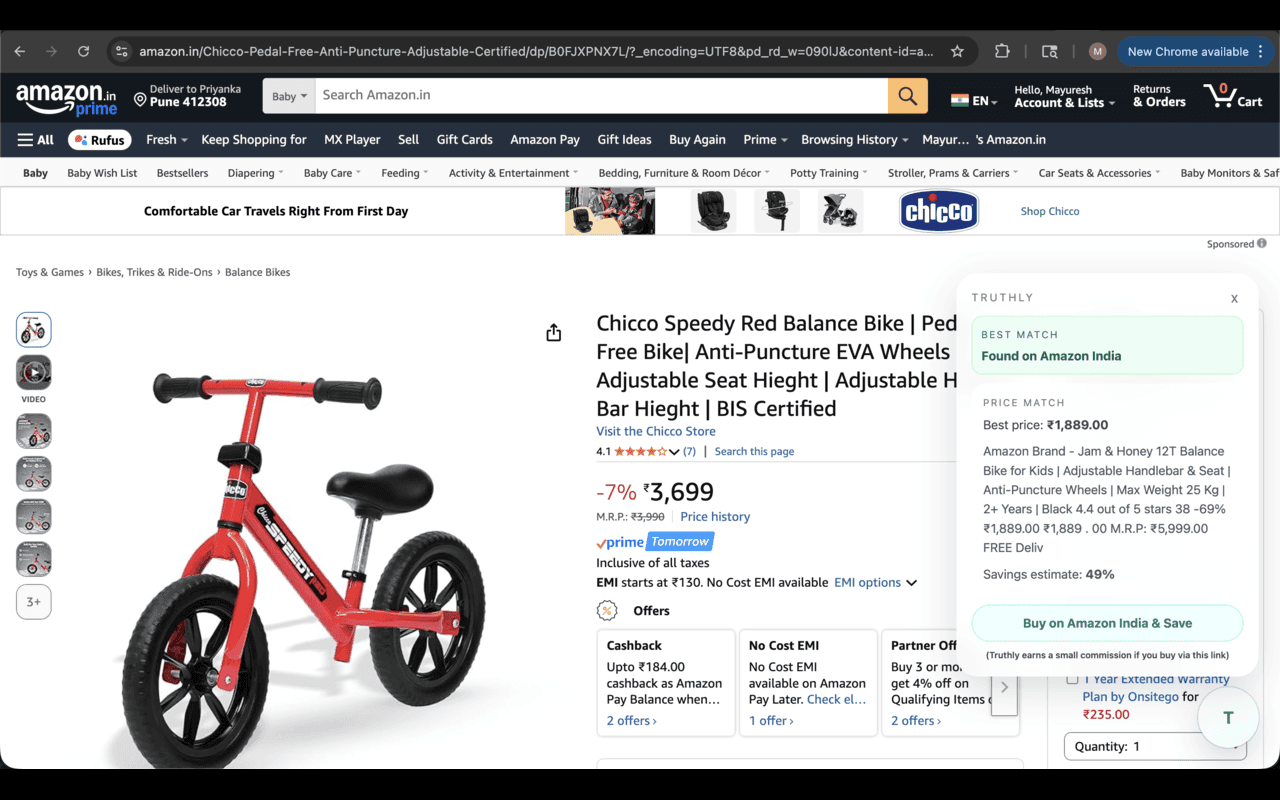 Browser mockup with Truthly card hovering over a product page